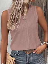 cheap Plain tee-Women's Tee Eyelet top Buttons Solid Color Elegant Vintage Stylish Sleeveless V Neck Regular Tops Daily Going out Vacation Wear Black White Yellow Dusty Rose Sky Blue Summer Spring