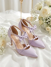 abordables novia-Zapatos de tacón de aguja altos, cómodos y de estilo vintage de los años 50 con tira en T, lazo en el tobillo y color lavanda para mujer. Ideales para bodas y eventos formales de noche.