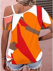 cheap Boho tee-Women's T Shirt Tee Top Print Asymmetrical Graphic Geometric Abstract Vintage Fashion Stylish Short Sleeve One Shoulder Off Shoulder Asymmetric Neck Regular Tops Daily Going out Weekend Orange Green