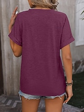 cheap Plain Blouses-Women's T Shirt Tee Top Buttons Plain Fashion Stylish Classic Short Sleeve V Neck Regular Tops Daily Going out Weekend Black Pink Sky Blue Fuchsia Green Summer Spring