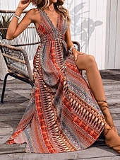 cheap Floral Dress-Women's Maxi Dress A Line Dress Slip Dress Off The Shoulder Dress Vacation Casual Outdoor Going out Regular Fit Floral Graphic Sleeveless V Neck Red Green Summer Spring
