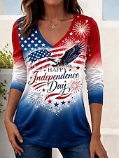  Ziua Independenței Americane Pentru femei Tricou Imprimeu Grafic Steagul american Epocă Stilat Clasic Manșon Lung În V Topuri obișnuite Zilnic Sfârșit de săptămână Alb / Albastru Alb Roșu / albastru