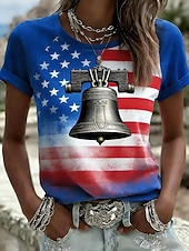  Dia da Independência Americana Mulheres Camiseta Imprimir Gráfico Bandeira americana Vintage à moda Clássico Manga Curta Gola Redonda Tops regulares Diário Azul Amarelo Vermelho Verão Primavera