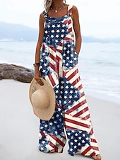  Unabhängigkeitstag Patriotische Damen Latzhosen Aktiv Grafik Ärmellos Weite Beine Quadratischer Ausschnitt Taschen Knöpfe Täglich Strand Lockerer Sitz Rot Lila Orange Sommer