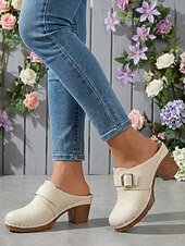 voordelige Damesklompen &amp; Muiltjes-Zwarte casual muiltjes met dikke hak voor dames - bovenkant met textuur en gespbandje, comfortabele instappers met klomphak voor werk, wandelen, reizen en casual uitjes. &amp;dagelijkse kleding