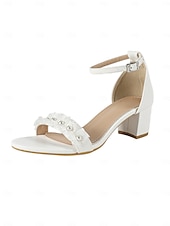 cheap Bride-Women's Ivory White Block Heel Sandals with Pearl Detail - Elegant Bridal Shoes for Garden Weddings