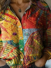 economico Arte &amp; Design Bluse-Per donna Camicia Finto cotone e lino Bottoni Stampato Grafico Geometrico Bohemien Attivo Vintage Manica Lunga Colletto a Camicia Top Regolari Quotidiano Ferie Giallo Primavera Autunno