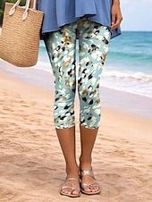 رخيصةأون طباعة زهرية-نسائي طماق العطلة عتيق موضة كابريس خصر عالي ورد الرسم هندسي طبع راحة ناعم متنفس قابل للبسط فضفاض مناسب للبس اليومي المكتب أصفر أزرق بني أخضر الصيف الربيع قياس نحيل