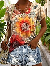 abordables Camiseta floral-Mujer Camiseta Estampado Graphic Geométrico Plantas Vintage Elegante Clásico Manga Corta Escote en Pico Tops regulares Diario Azul Piscina Amarillo Naranja Verano Primavera
