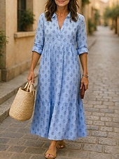 baratos Vestidos Falsos Essenciais-Mulheres Vestido maxi longo Linho de algodão sintético Vestido casual Vestido A Line Moda Moderno Diário Férias Para Noite Normal Folha Manga Longa Colarinho de Camisa Azul Amarelo Claro Branco Rosa