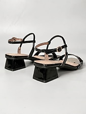 preiswerte Absatzsandalen-Elegante Damen-Sandalen mit Blockabsatz und Knöchelriemen aus burgunderrotem Lackleder – elegante Schuhe mit eckiger Spitze für Abende im Resort und Dinnerpartys.
