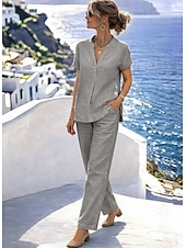 abordables Conjuntos-Mujer Conjunto con tacto de lino Conjuntos de pantalones Bolero Manga Corta Escote en Pico Color sólido Moda Ropa de calle Casual Diario Exterior Azul Piscina Blanco Azul Marino Oscuro Verano Ajuste