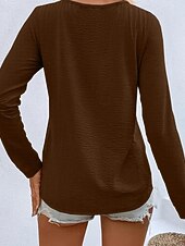 levne jednoduché tričko-Dámské Tričko Tlačítko Přední S texturou Pevná barva Módní Na běžné nošení Dlouhý rukáv Do V Dlouhé topy Denní Jdeme ven Tmavěhnědá Travní zelená Černá Bílá Rubínově červená Jaro Podzim