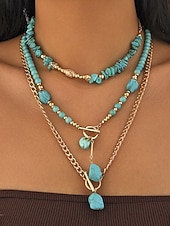 preiswerte Halskette für Damen-Boho-Chic-Schmuckset für Damen, bestehend aus mehrlagigen Halsketten aus einer Legierungskette und türkisfarbenen Perlenanhängern – Vintage-Schmuck für Damen, perfekt für Alltag, Urlaub, Strand und Partys.