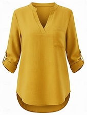 economico Camicie di Lusso-Per donna Camicie di cotone e lino Top estivi Blusa Top Eleganti Arricciato Patchwork Tasca Tinta unica Semplice Elegante Vintage Signore Manica 3/4 Colletto a Camicia Top Regolari Quotidiano Lavoro