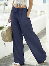 baratos Partes inferiores-Calça feminina de verão 100% algodão, casual, comprimento total, cós elástico natural, design com cordão elástico, sem elástico, nas cores branco leitoso, carmim e verde escuro, para primavera e outono.