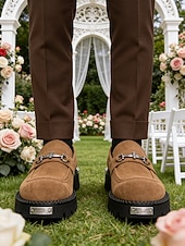 economico Mocassini-mocassini da uomo in pelle scamosciata marrone, elegante design slip-on con suola spessa, perfetti per matrimoni in giardino, eventi formali all'aperto e celebrazioni eleganti