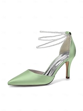 Недорогие Невеста-Женские серебристые атласные туфли на каблуке с острым носком и жемчужными ремешками на щиколотке, элегантные свадебные туфли для пляжной свадьбы.