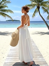 ieftine Rochie simplă-Pentru femei Rochie Maxi Rochie Slip Rochie halter Vacanță Casual În aer liber Ieșire Potrivire Largă Culoare solidă Fără manșon Gâtul halter Alb Vară Primăvară