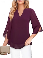 cheap Plain Blouses-Women's Blouse Solid Color Elegant Stylish Casual 3/4 Length Sleeve V Neck Regular Tops Daily Pink Wine Red Royal Blue Green Summer Spring