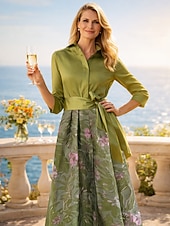 cheap Floor Length-A-Line Floor Length Shirt Dress Wedding Guest Dress Formal Dresses Mother of the Bride Dress Long Sleeve Shirt Collar Elegant Vintage Wedding Formal Nylon with Floral Print Bow(s) Slit