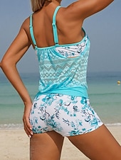 billiga Tankinis-Dam Badkläder Tankini 2 st Shorts Baddräkt Magkontroll Hög midja Smal Öppen rygg Semester Standkläder Blommig Rundhals Ärmlös Baddräkter