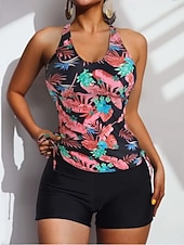cheap Tankinis-Women's Swimwear Tankini 2 Piece Shorts Swimsuit Tummy Control High Waist Slim Backless Vacation Beach Wear Floral Tropical U Neck Sleeveless Bathing Suits