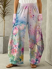abordables jambe large et taille haute-Femmes Jambe large Chinos Vacances ancien Occasionnel Longueur complète Taille haute Fleuri Graphique Ceinture Élastique Non Elastique Occasionnel Quotidien Décontracté Bleu Rose Claire Rouge Ét