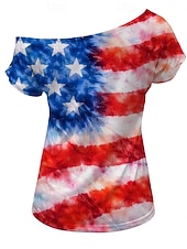  250º Aniversario de EE. UU. Retro Antiguo Años 80 T-Shirt Un Hombro Mangas cortas Bandera de USA Disfraz Mujer 4 de julio Día de la Independencia Adulto Camiseta