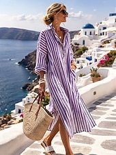 billige Essensielle falske kjoler-dame maxikjole skjortekjole i imitert bomullslin kaftankjole avslappet kjole stilig avslappet daglig ferie stevnemøte normal passform stripete langermet slag gul lysegrønn rød kongeblå sommer