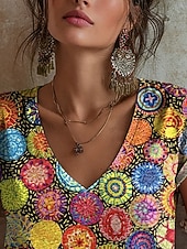  Per donna Maglietta Stampato Floreale Graffiti Bohemien Vintage Casual Manica Corta Scollo a V Top Regolari Quotidiano Arcobaleno Estate Primavera