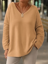 cheap Plain Blouses-Women's Blouse Solid Color Stylish Casual Long Sleeve V Neck Regular Tops Daily Blue Yellow Pink Gray Spring Fall