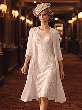 levne Sety šatů pro maminky-Dvoudílné Pouzdrové Ke kolenům Šaty pro svatební hosty Šaty pro matku nevěsty 3/4 délka rukávu Klenot Elegantní Formální Svatební host Kostel Šifón Krajka Bolerko je v ceně Sako šaty s Korálky