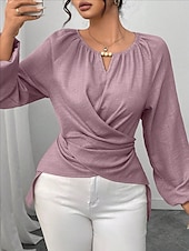 cheap Plain Blouses-Women's Blouse Ruched Plain Elegant Stylish Basic Long Sleeve Crew Neck Regular Tops Daily Streetwear Black Pink Wine Green Khaki Spring Fall