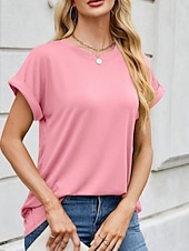 tanie gładka koszulka-Damskie Podkoszulek Koszulka Jednokolorowe Moda Elegancki Podstawowy Krótki rękaw Półgolf Zwykłe topy Codzienny Wyjściowe Weekend Czarny Rumiany róż Wino Fioletowy Zielony Lato Wiosna