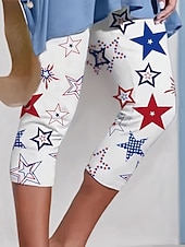 זול -בגדי ריקוד נשים מכנס שלושת רבעי חותלות סגנון רחוב בסיסי יום יומי אורך עגל מותניים גבוהיםPantsיום העצמאות האמריקאי גראפי כוכב מדפיס קומפורט רך נוח סטרצ'י (נמתח) יומי בָּחוּץ חופשה לבן קיץ אביב גזרה צרה