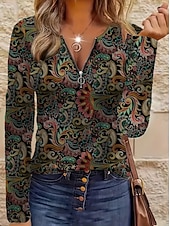 economico T-shirt Boho-Per donna Maglietta Cerniera Stampato Grafico Tribale Moda Casual Manica Lunga Girocollo Scollo a V Top Regolari Quotidiano Marrone Scuro Nero Rosso Verde Primavera Autunno