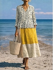 cheap Vacation Dresses-Women's Midi Dress V Neck Long Sleeve Kaftan Lightweight Loose Fit A Line Dress Casual Boho Going out Graphic Geometric Stripe Long Sleeve V Neck Orange red Black Yellow Pink