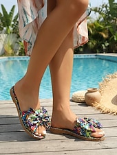 preiswerte Frauen-Bunte, flache Damen-Sandalen mit Schleife und weicher Sohle, verspielte Boho-Sandalen zum Hineinschlüpfen für den Alltag, Strandspaziergänge, Festivals und entspannte Outdoor-Aktivitäten
