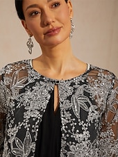 cheap Dressy Blouses-Women's Bolero Jacket Lace up Sequins Embroidered Floral Elegant 3/4 Length Sleeve Crew Neck Regular Tops Wedding Guest Cocktail Attire Black Summer Spring Fall