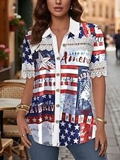  Mujer Camisa Blusa Retazos Botones Bandera Elegante Clásico Moderno Manga Corta Cuello Camisero Tops regulares Diario Festivos Noche Azul Piscina Rojo Azul claro Verano Primavera
