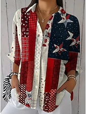  يوم الاستقلال الأمريكي نسائي قميص مكشكش بقع Buttons الرسم علم عتيق أنيق كم طويل أكمام واسعة جرس قبعة القميص قمصان عادية مناسب للبس اليومي عمل مناسب للعطلات أسود أبيض أحمر الصيف الربيع الخريف