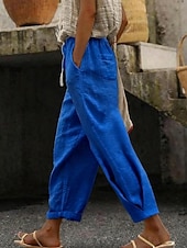 Χαμηλού Κόστους Βασικά Ψεύτικα Κάτω-Γυναικεία Βαμβακερό λινό παντελόνι κινέζικα Ίσια Διακοπές Βασικό Καθημερινό Πλήρες μήκος Ψηλή Μέση Σκέτο Τσέπη Ελαστική ζώνη μέσης Άνετα Άνεση Moale Μικροελαστικό