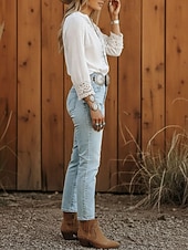 זול טופים מבד תחרה-בגדי ריקוד נשים חולצה חולצות תחרה תחרה אחיד מודרני יום יומי שרוול ארוך צווארון V חולצות רגילות חגים ליציאה לבן קיץ