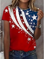 رخيصةأون عيد الاستقلال الأعلى-تي شيرت نسائي وطني لعيد الاستقلال برسمة علم عتيقة أنيقة كلاسيكية بأكمام قصيرة بحافة عادية يومية عطلة مطبوعة زرقاء ربيع صيف