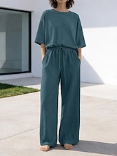 cheap Sets-15% Linen Women's Pants Sets Linen Sets Basic Pure Color Pocket Elastic Waist T Shirt Pant Daily Street Long Sleeve Crew Neck Blue Black White Navy Blue Light Brown Summer Spring