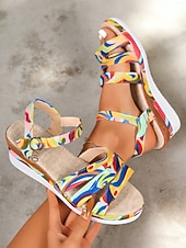 abordables Sandalias de cuña-Sandalias de plataforma coloridas para mujer: elegantes sandalias de tiras con hebilla ajustable &amp;Tacón de cuña, perfecto para vacaciones de verano y uso diario informal.