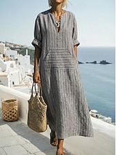 abordables Vestidos-Mujer Normal Vestido maxi Vestidos con tacto de lino Lino de algodón sintético Vestido Kaftan Vestido vintage Elegante Casual Diario Trabajo Holgado Raya Manga Larga Escote en Pico Rojo Verde Trébol