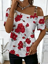 voordelige Bloemen Blouses-Dames T-shirt Afdrukken Bloemig Grafisch Elegant Modieus Klassiek Korte mouw Eén-schouder Normale tops Dagelijks Uitgaan Weekend Wit Blozend Roze Paars Groen Zomer Lente