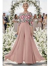 economico Tute della mamma-Tute Tuta Completo Pantalone Lunghezza al pavimento Abito Formale Abito da cerimonia per signora Manica 3/4 Scollo a Barca Scollo Tondo Elegante Vintage Formale Ospite di nozze Chiesa Chiffon Pizzo